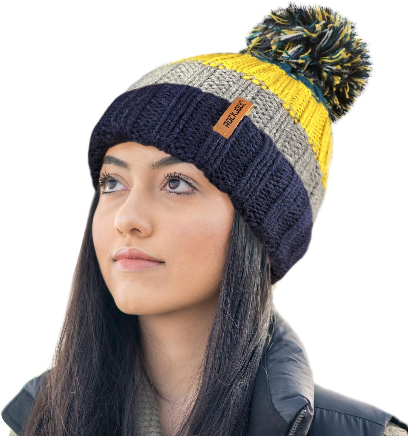 RockJockR80 Unisex Mens Ladies Thermal Insulating Striped Beanie Bobble Hat with Cosy Fleece Lining