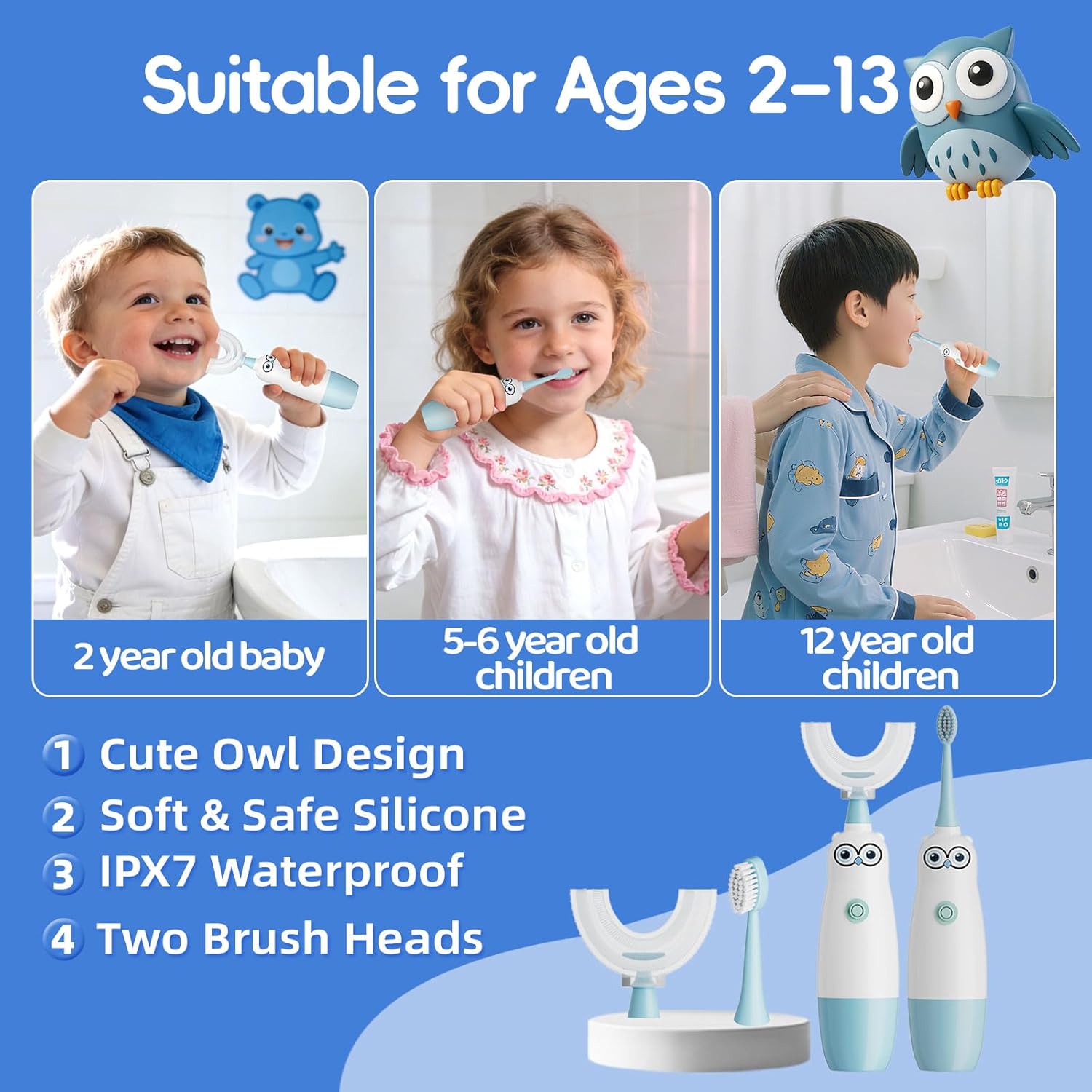 Kids Electric Toothbrush，360-Degree Sonic Vibration, IPX7 Waterproof,Toddler U Shaped Toothbrush with 2 Soft Brush Head,Cute Owl Design Baby Toothbrush for Ages 2–7（Blue）