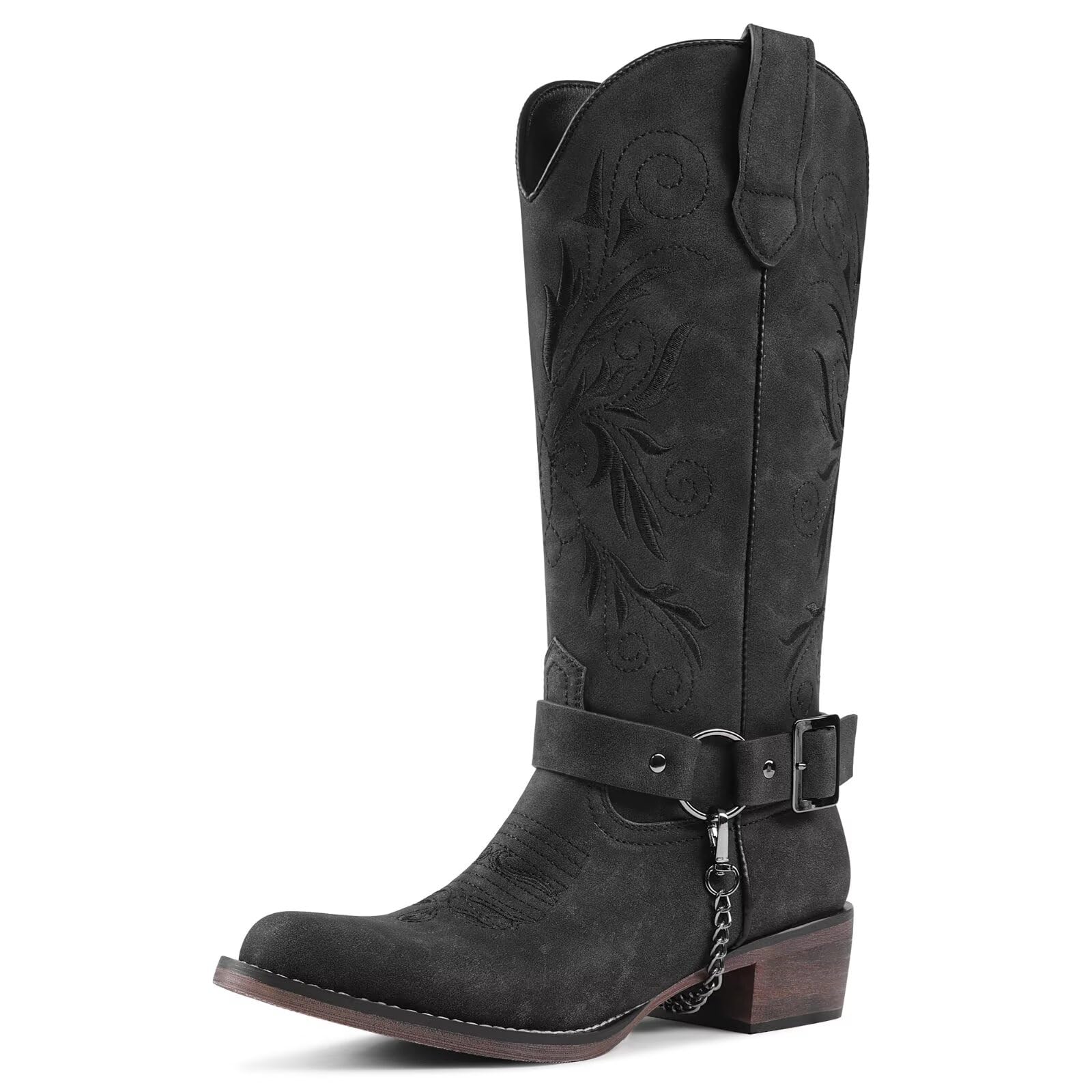 Womens Embroidered Cowboy Boots Removable Belt Mid Calf Cowgirl Riding Boots Low Block Heel Round Toe Western Boots