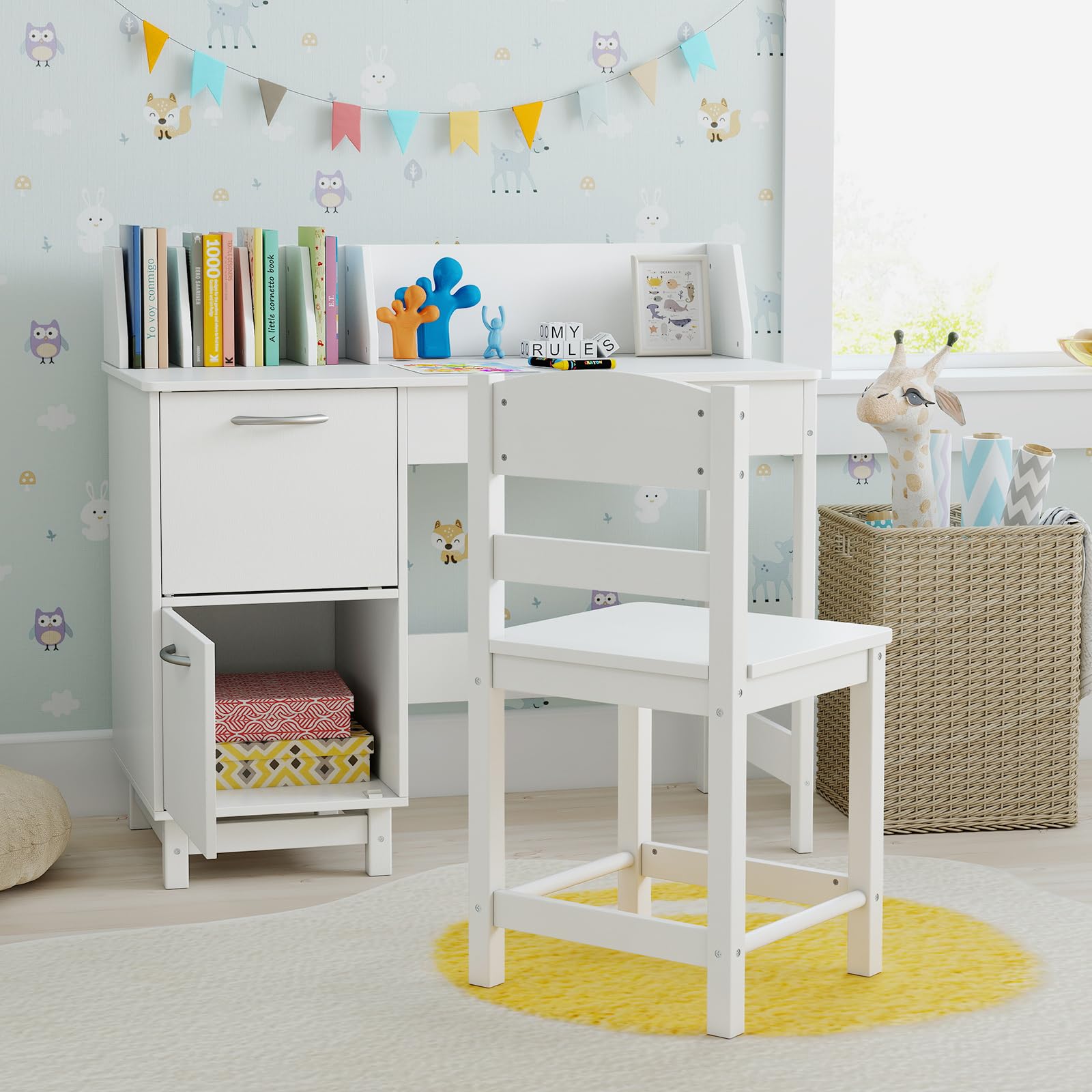LIFEZEAL Set Scrivania e Sedia per Bambini 3+Anni, Scrivania per Cameretta con Cassetto, Libreria, Armadietto, Banco Scuola, Tavolo da Studio, Sedia con Schienale, in Legno, Giocare, Studiare (bianco)