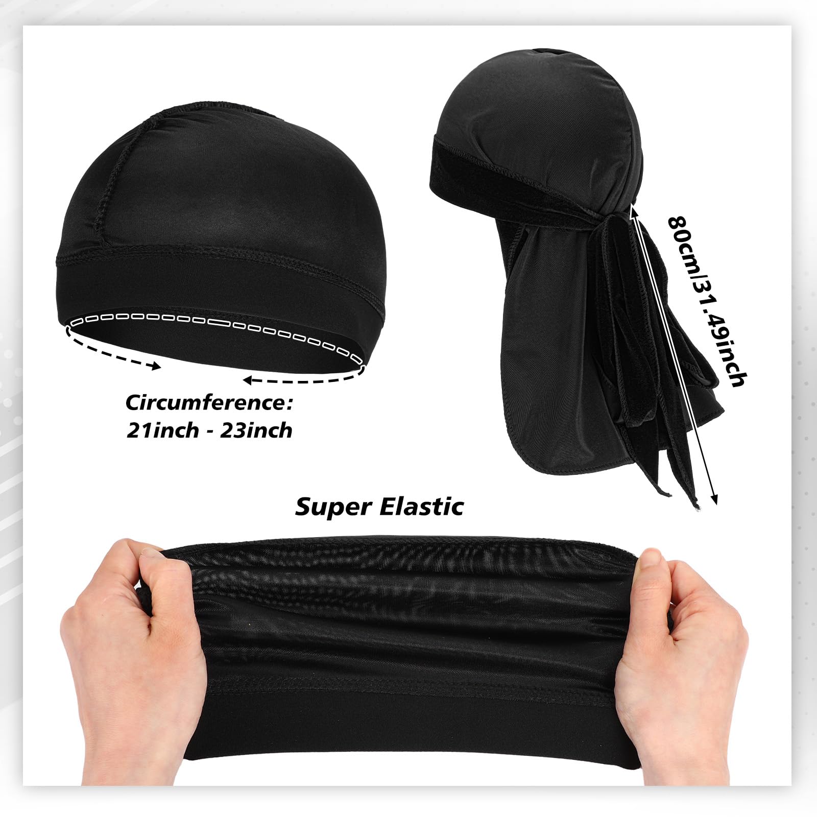 Aksamitny Durag dla mężczyzn z 1 czapką fali, miękka tkanina 360 fal doo, długie, podwójne, szerokie paski, jeden rozmiar pasuje do większości (czarny)