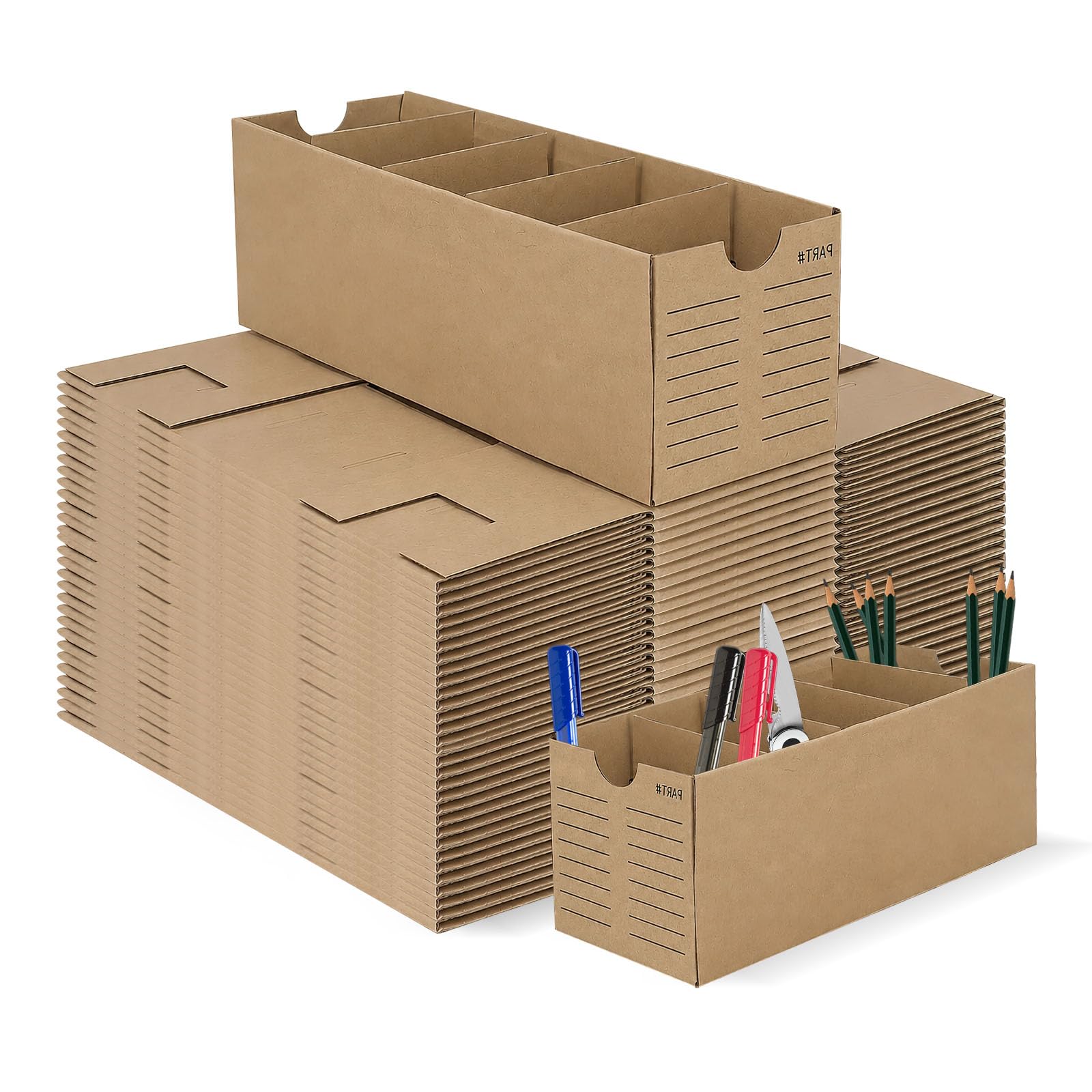 30 Pack Cardboard Storage Bins with Dividers, Brown, 31 x 10.2 x 10.2 cm