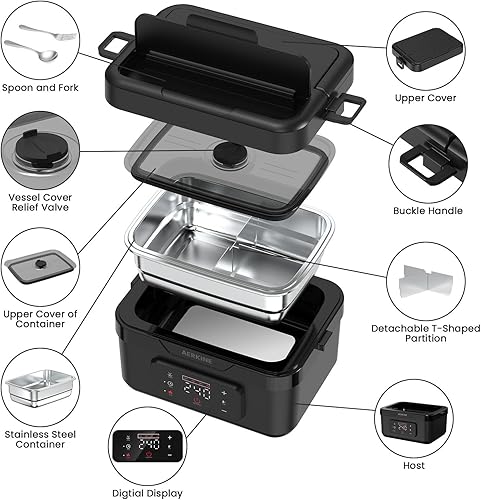 Miniatura 9 de Fiambrera eléctrica  Calentador de alimentos autocalentable recargable de 75 W con recipiente de acero inoxidable de 1.5 L, lonchera calentada para