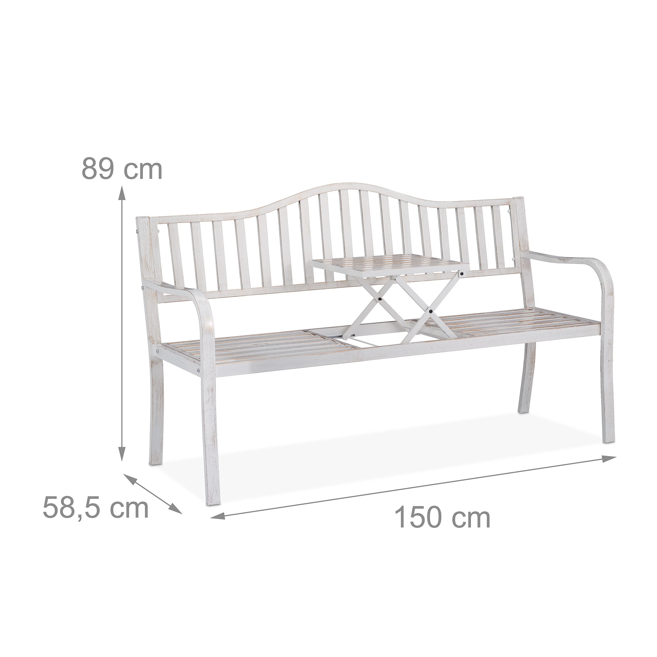 Relaxdays Gartenbank mit klappbarem Tisch, 3-Sitzer, Garten, Metall Balkonbank, HBT 89 x 150 x 58,5 cm, weiß-Bronze