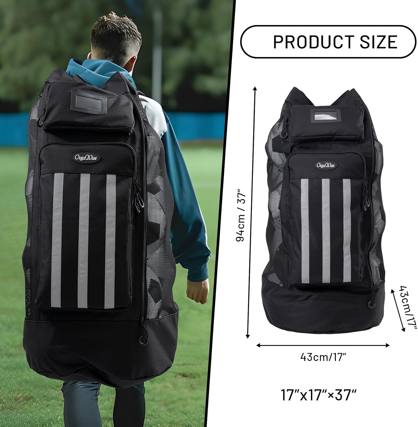OrgaWise XXL Soccer Ball Bags for Coaches | 600D Oxford Cloth | SBS Zippers | Card Holder | Night Reflective Strips | Plated Holes | Chest Strap | Carry Handle