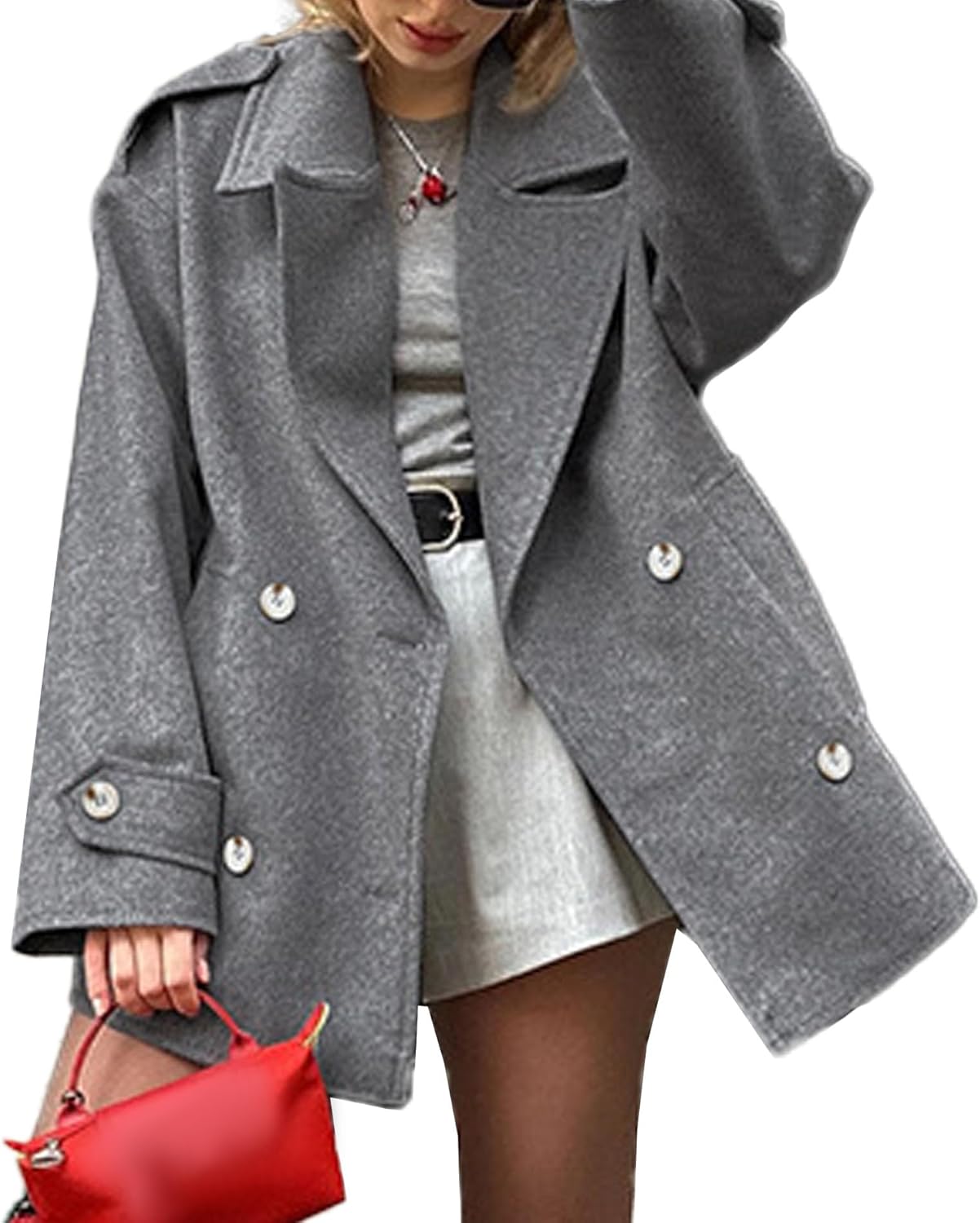 ECDAHICC Women's Wool Blend Pea Coat Notch Lapel Double Breasted Winter Loose Short Button Outerwear Jacket