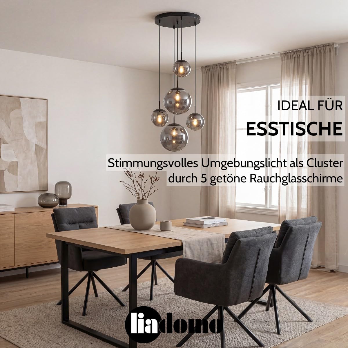 Pendelleuchte Vetro, Glas Hängelampe 5-flammig, rund, Schwarz | Modern, bis 320 cm höhenverstellbar, Esszimmer, Wohnzimmer, Treppenhaus, Ø 38 cm, Rauchglas, Cluster, Leuchtmittel inklusive