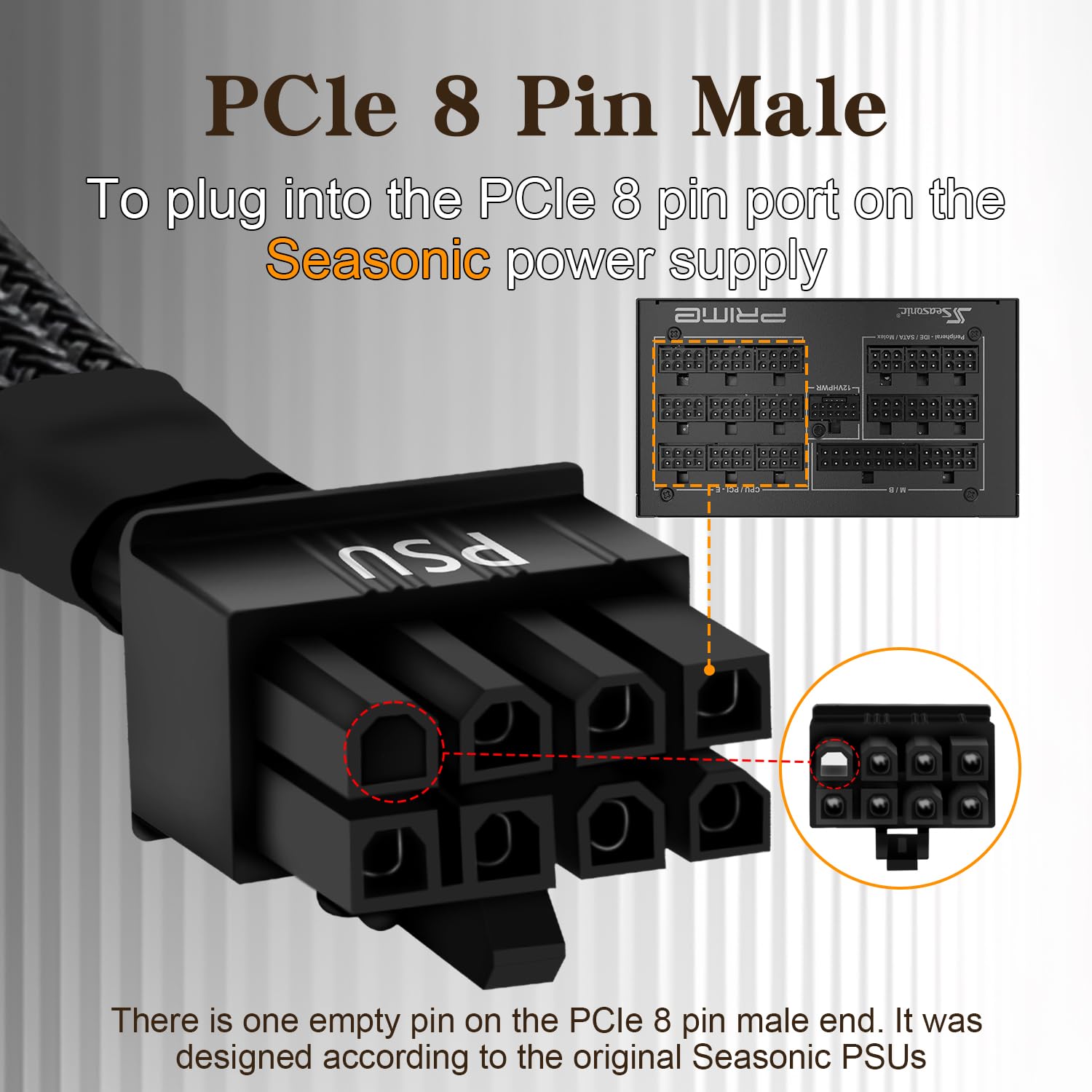YEZriler 8 Pin PCIe Cable for Seasonic PSUs, PCIe 8 Pin Male to PCIe (6+2) Male Power Adapter Sleeved 25-inch (63cm)