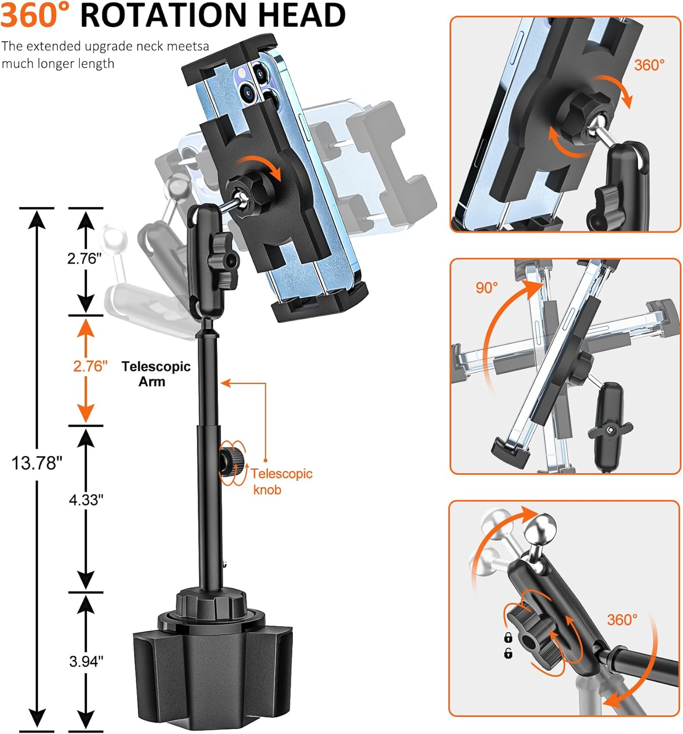 Cup Holder Tablet Mount for Car [Metal Arm Telescopic Design] Truck Caravan Cupholder iPad Mount with Adjustable Long Arm for iPad Pro Air Mini, Galaxy Tab, Kindle, Fire, 4-13" Phones & Tablets