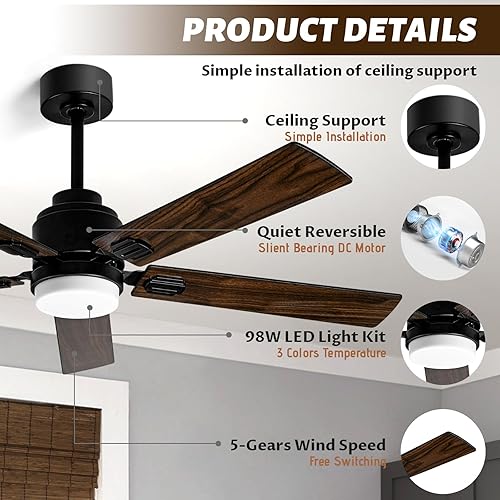 Miniatura 2 de Sumajuc Ventilador de techo negro de 52 pulgadas con control remoto, ventiladores de techo de perfil bajo con luces, modernos ventiladores de techo