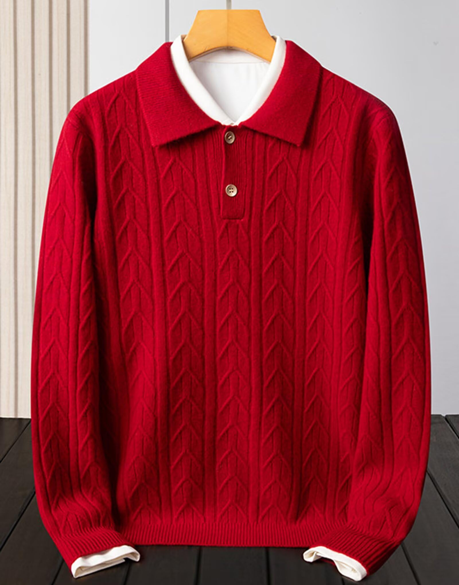 HNVAVQ Maglia 100% Cashmere Uomo Collo Polo a Trecce Ufficio Casual