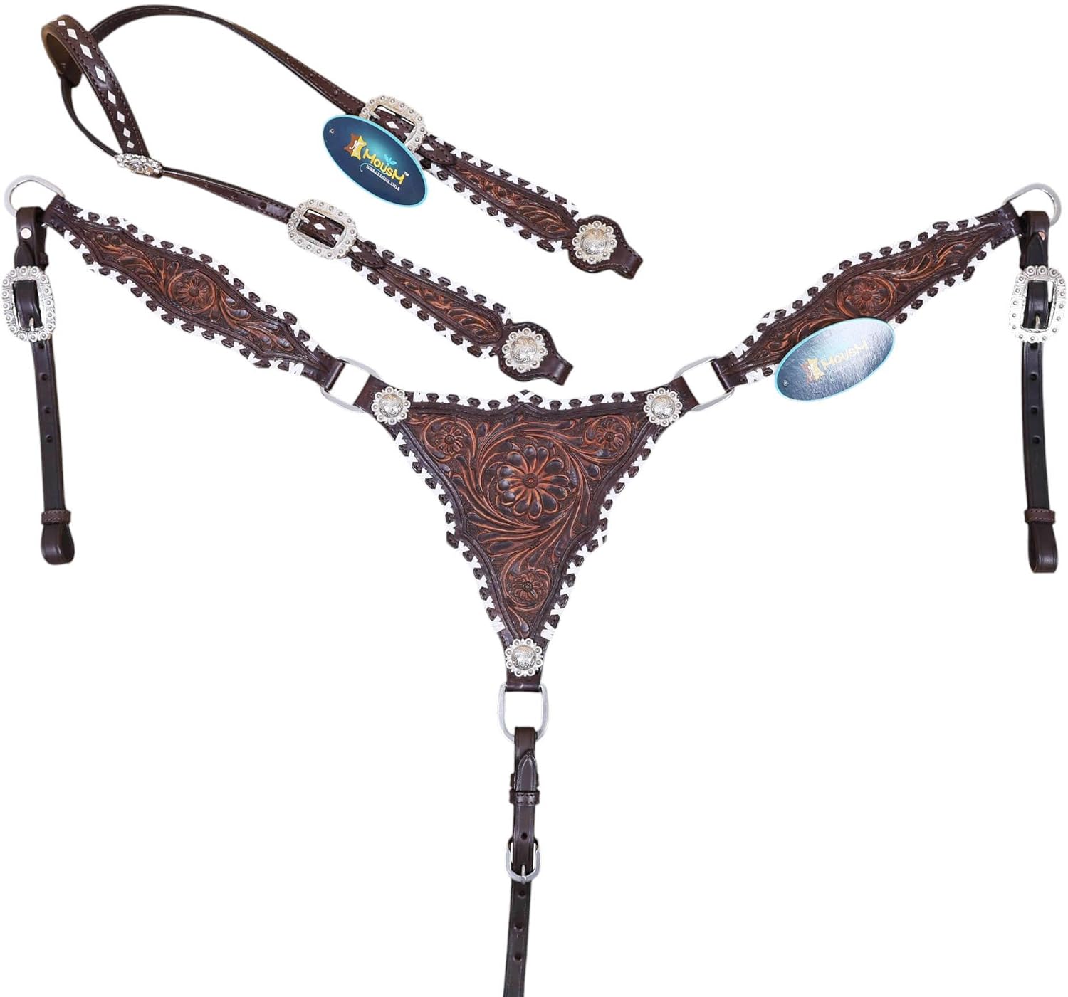 Western Leather Headstall and Breast Collar Tack Set, Crisscross Rawhide Braiding, Flower Carving & Antique Nickel Hardware, Gladiator Style Horse Tack, Argentina Cowhide