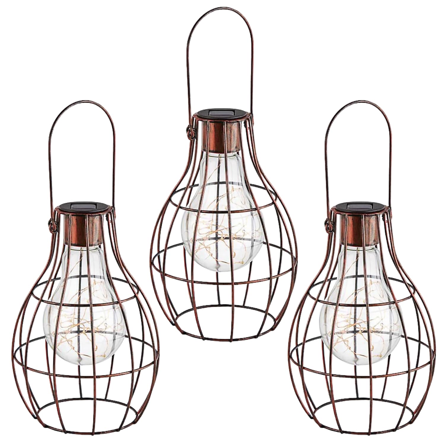 Marco Paul 3 x Solar Copper Hanging Firefly Lantern with LED Lights Patio Storm Vase Table Lantern Or Window Centre Piece Indoor Outdoor