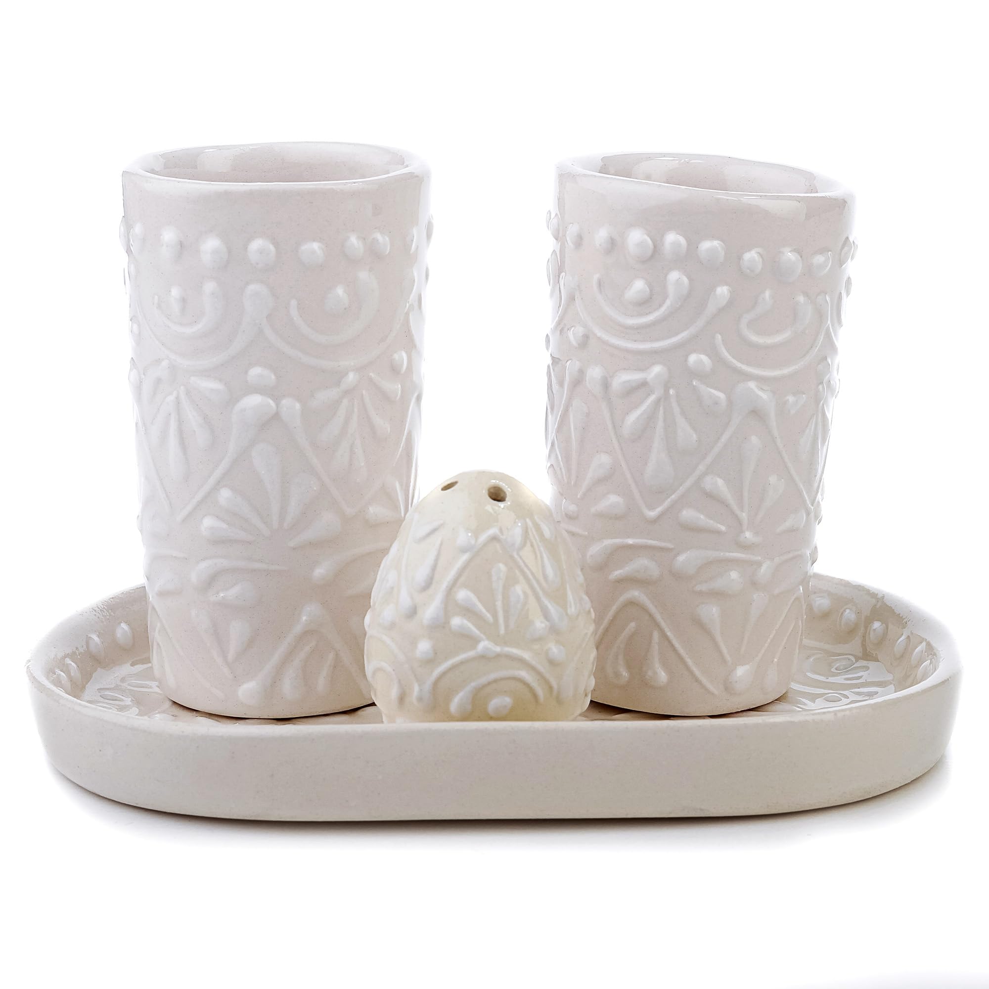 MEXTEQUIL Talavera Tequila Shot Glasses with Tray & Salt Shaker (Set of 2) - Hand-Painted Authentic Mexican Gift Set (White Lace)
