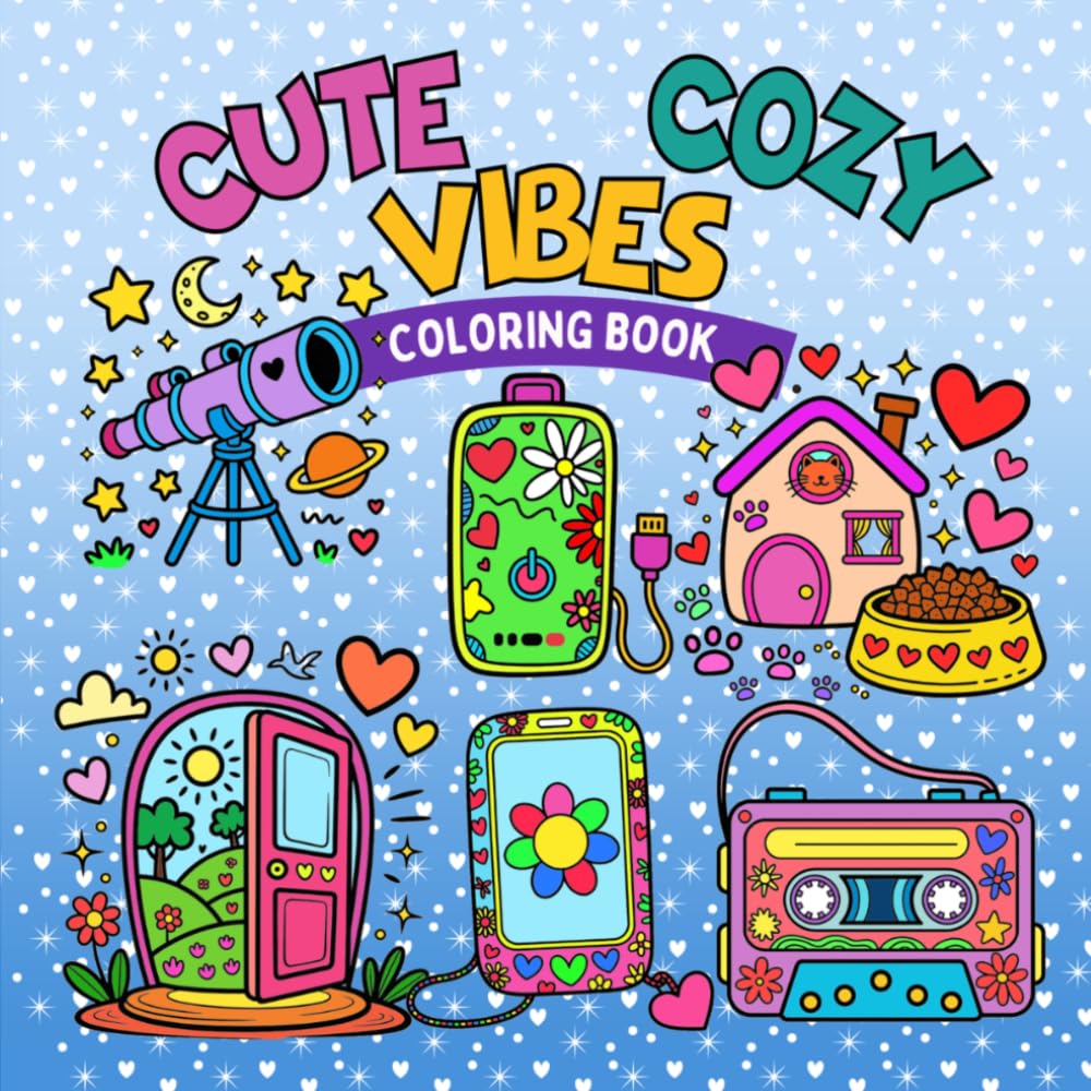 Cute Cozy Vibes Coloring Book: Bold and Easy Designs Featuring Simple Adorable Illustrations, Fun Everyday Objects, Charming Items and Peaceful Moments for Stress Relief
