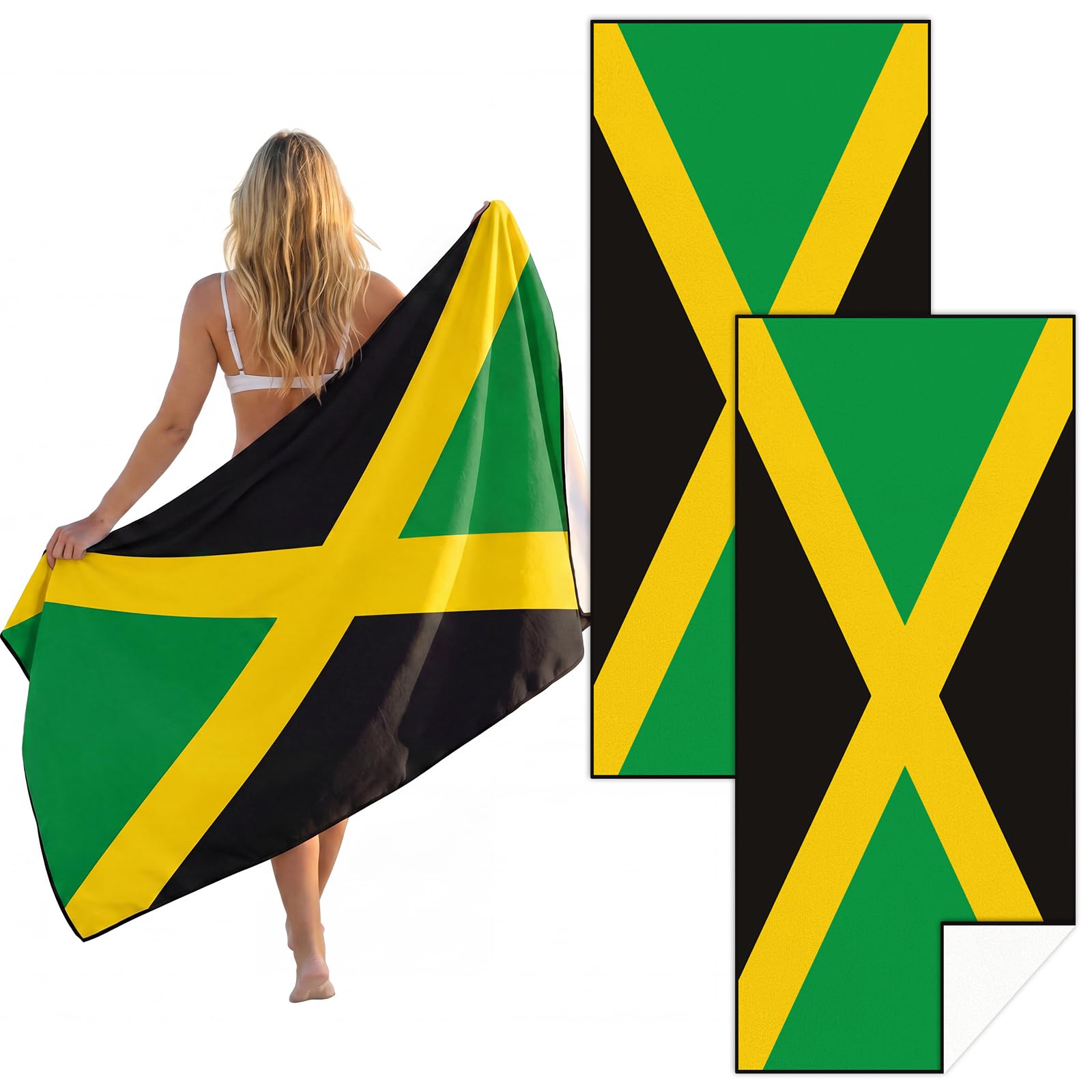 Breling 2 Pack Jamaica Flag Beach Towel Oversized Lightweight Beach Towels 71 x 32 in for Women Men Quick Dry Sand Free Bath Towels for Jamaica Independence Day Beachs Pool Party Supplies