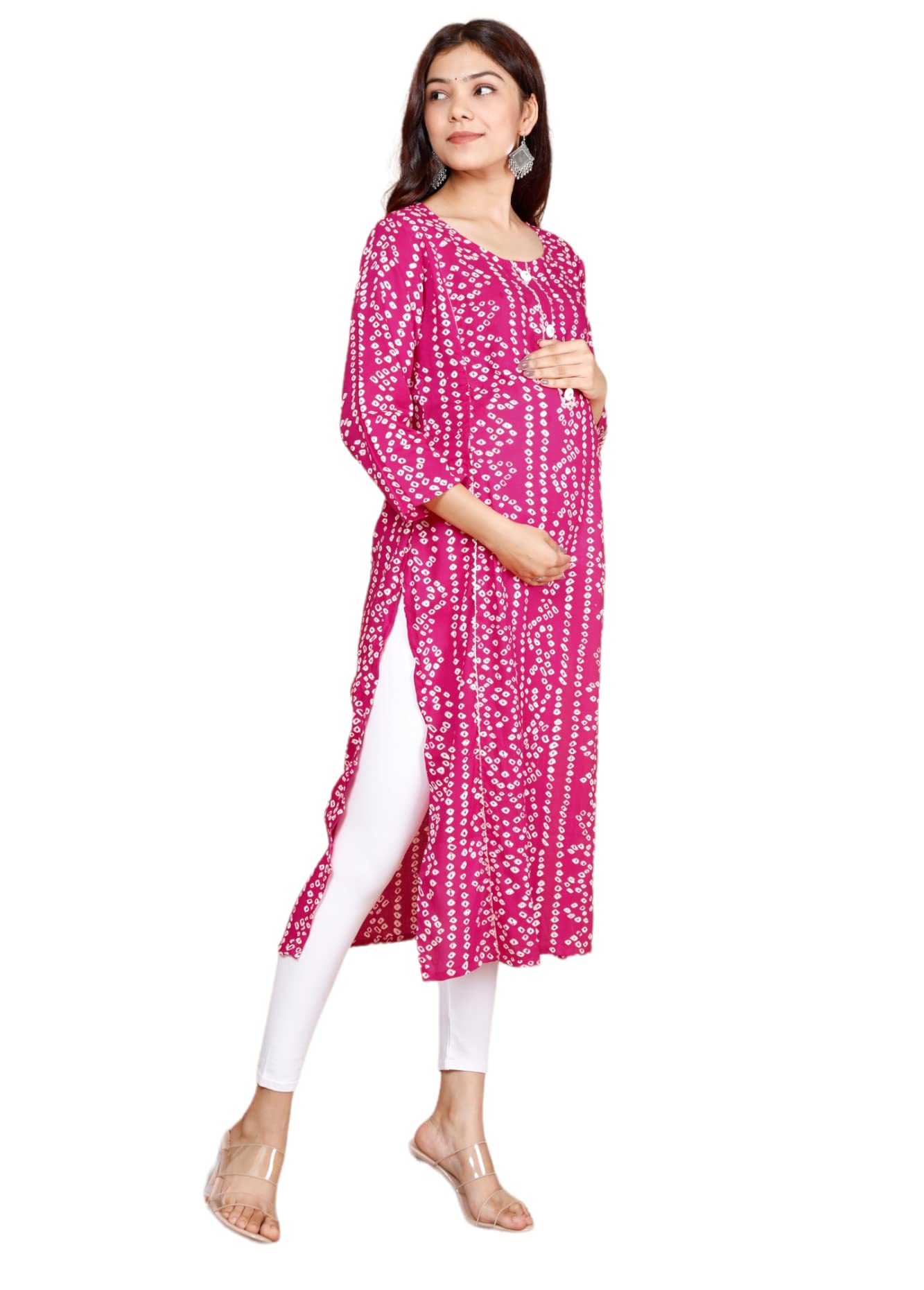 Bandhej Printed Maternity & Feeding wear Straight Kurti with Gota Detaling and Invisible Zip on Both Side-image-15