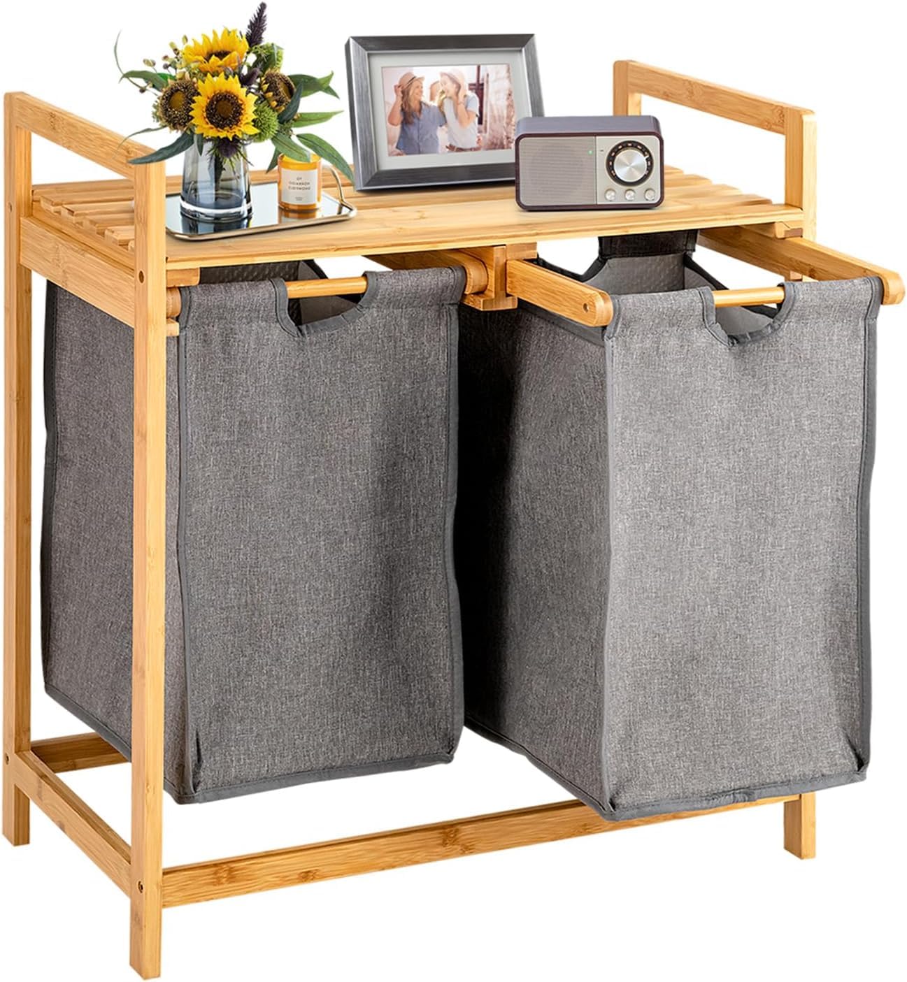 FANTASK Laundry Basket 2 Compartments with 2 Extendable Laundry Bags Laundry Hamper with Shelf