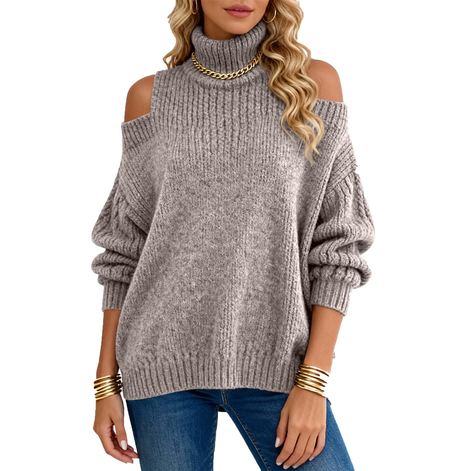 Turtleneck Sweater Women Cold Shoulder Cable Knit Sweater Casual Lantern Sleeve Off The Shoulder Pullover Sweaters
