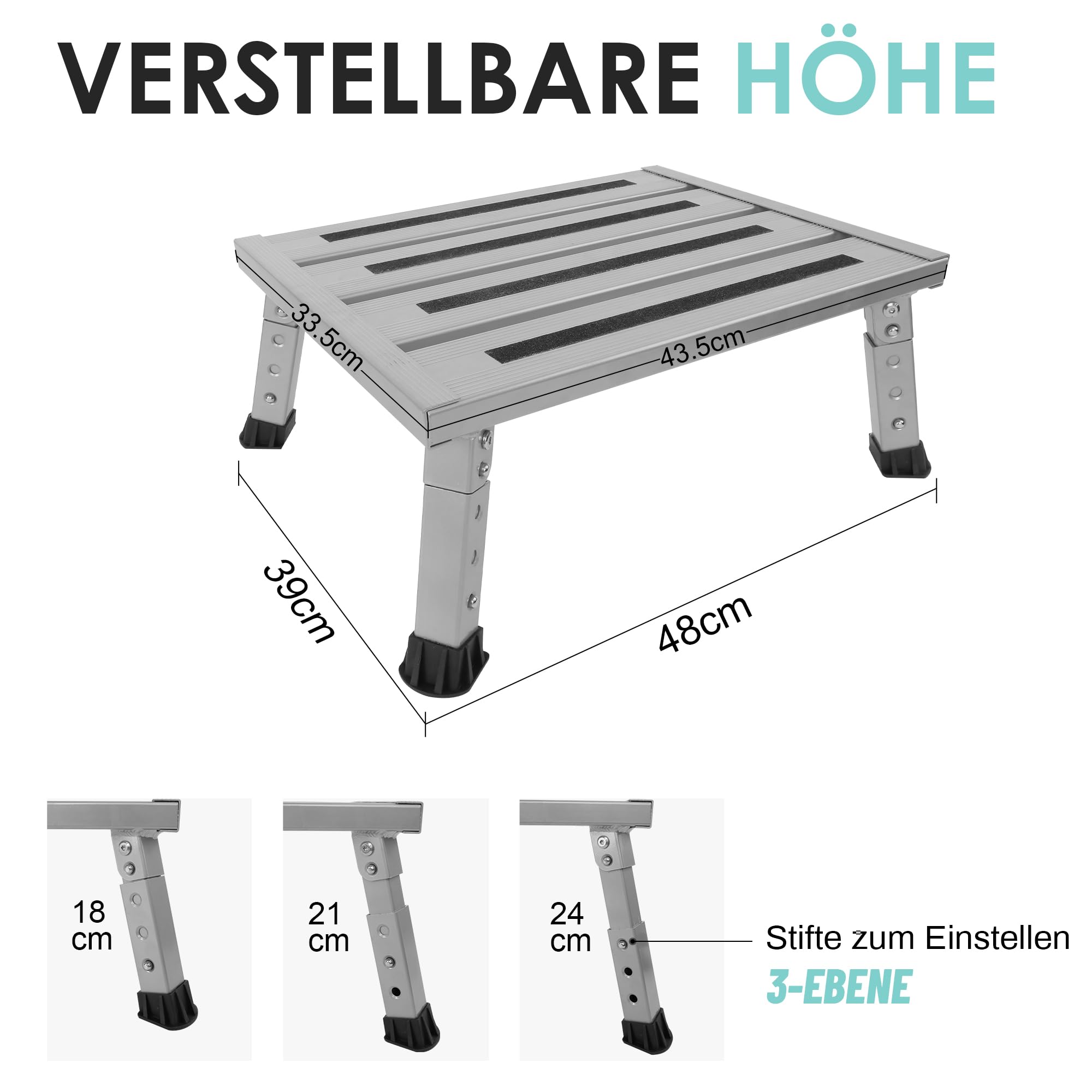 Aluminium Klapptritt Trittstufe, 3-stufige höhenverstellbare Anti-Rutsch Hockerleiter, 350 kg Belastung, Kippsicher &Leicht, für Camping, Küche und Wohnmobil Tritthocker(Grau)