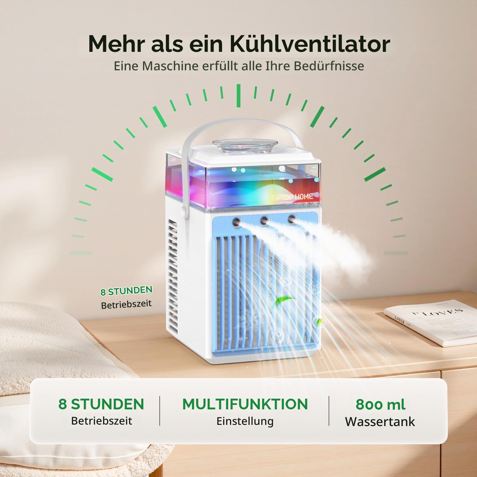 Mobile Klimaanlage, 5 in 1 Mini Klimagerät mit App-Steuerung, Persönlich Ventilator mit 800ml Wassetank, 3 Geschwindigkeiten, 3 Nebelmodi, Tragbarer Klimaanlage für Zimmer Büro