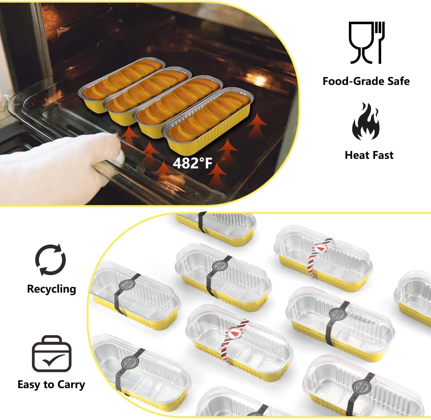 Mini Loaf Pans With Lids and Spoons, 100 PCS 6.8oz Mini Cake Pans for Baking, Aluminum Foil Loaf Pans, Small Aluminum Cake Tins, Cake Pans with Clear Lids,Sporks，Stickers,Gift Box(Gold) - Image 4