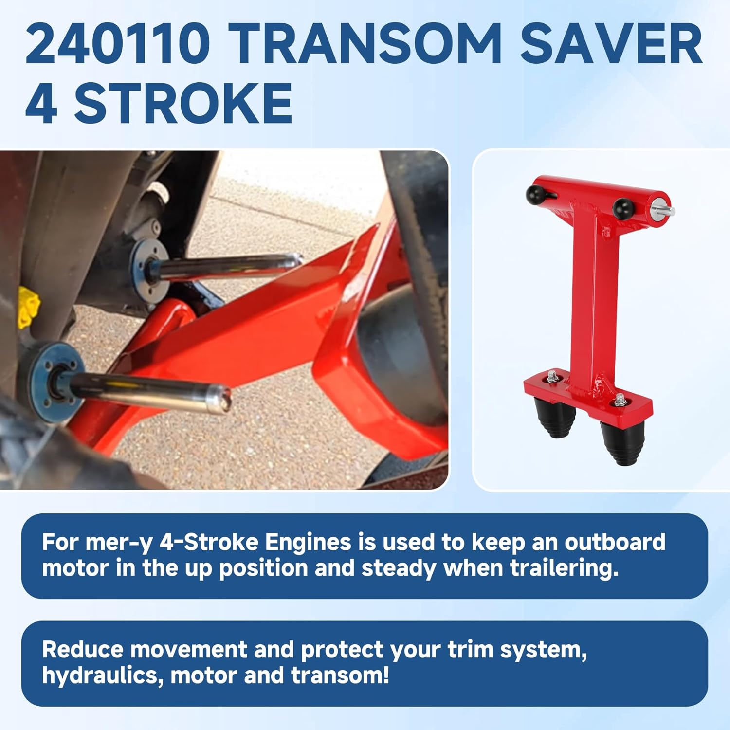 Iridesc 240110 4-Stroke Transom Saver Motor Tote, Compatible with Merc-Y 75/90/115/200/225/250/300HP & V6 175HP Engines, Red, Stainless Steel Frame, Transom Mount