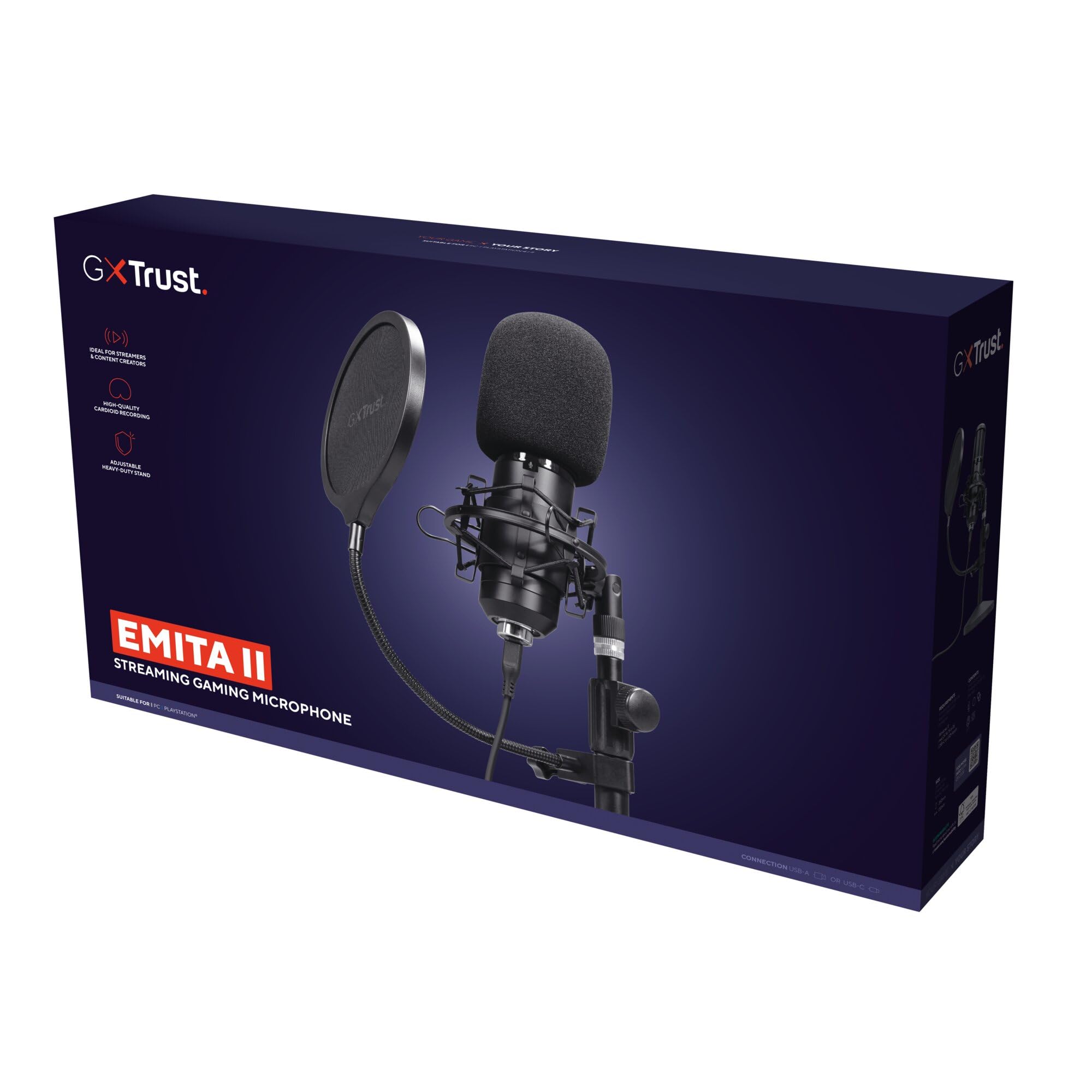 GXTrust Emita II Mikrofon mit Verstellbarer Mic Ständer, Schwarz | Windfilter, Popfilter, USB Mikrofon mit Nierencharakteristik, 192 kHz für PC PS4 PS5, Streaming Studio Podcast Gaming