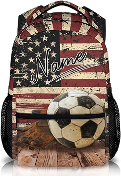 Personalized Boys Backpack Soccer Sport Backpacks for Kids Teens, Custom Retro Flag Print Bookbag for Back to School