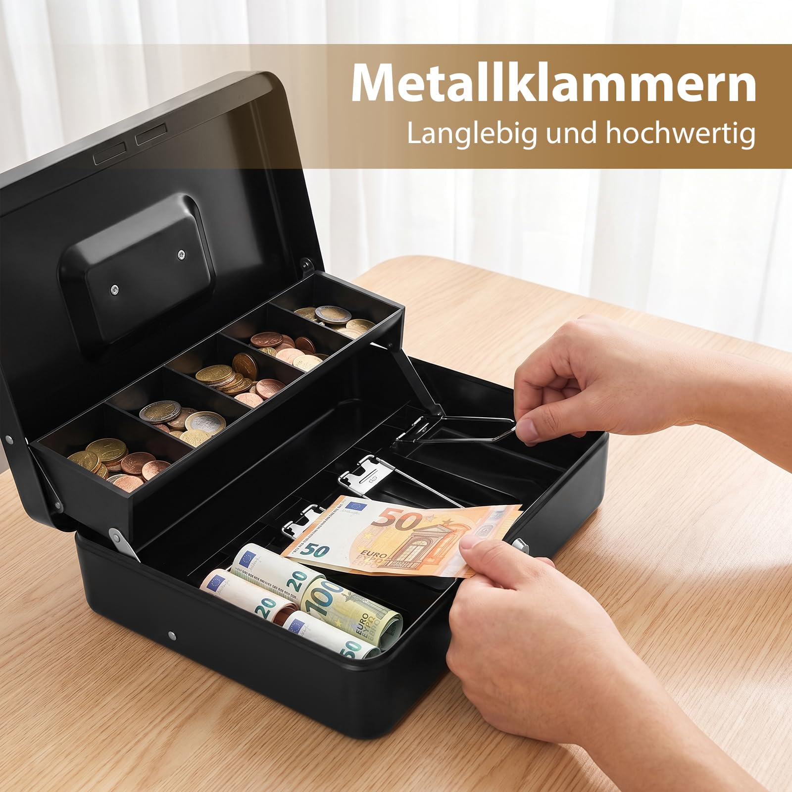 Caisse à monnaie avec serrure et 2 clés, 30 x 24 x 9 cm, noire, avec compartiment à monnaie à 5 compartiments et 4 porte-billets, portable pour magasin, marché, ménage