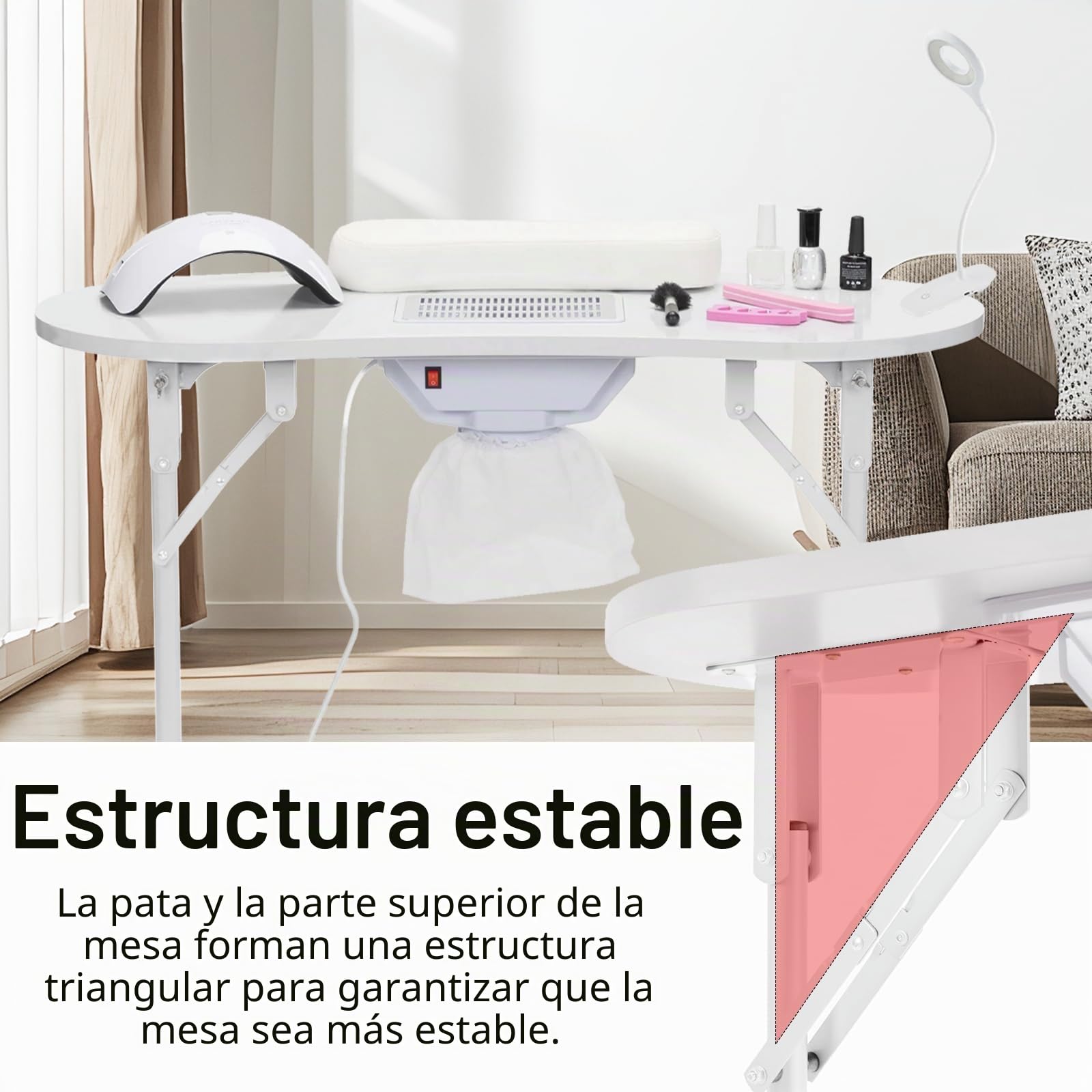 Mesa Uñas, Mesa Manicura Plegable Mesa Manicura Con Ventosa 90x44x72cm Mesa Manicura Con Aspirador Uñas Mesa Manicura Móvil Con LáMpara De Uñas Con Clip LED USB Regulable Bolsa Transporte 4 Ruedas