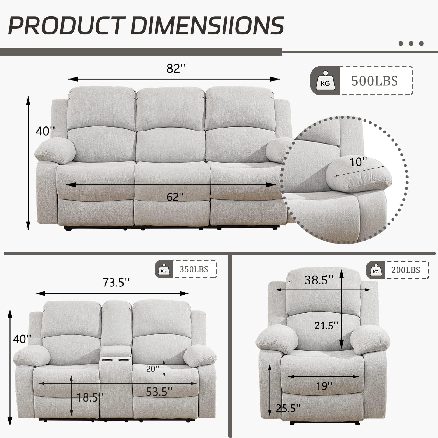 Recliner Sofa Set, 3 Piece Living Room Furniture Set, Manual Reclining Sofa, Lovesat Couch and Chair with Cup Holders&Storage Console for Living Room (Light Grey Fabric, Sofa+Loveseat)