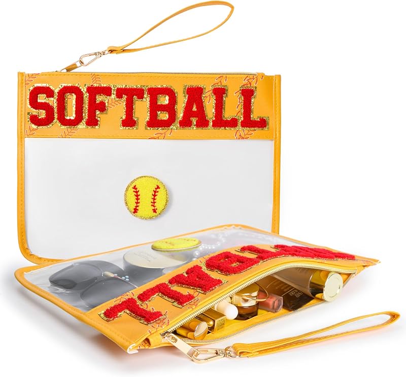 Necessaire transparente Bufilea para softball com patches de letras, zíper e alça de pulso, amarela, 20,07 cm x 0,99 cm x 23,88 cm, 1 unidade
