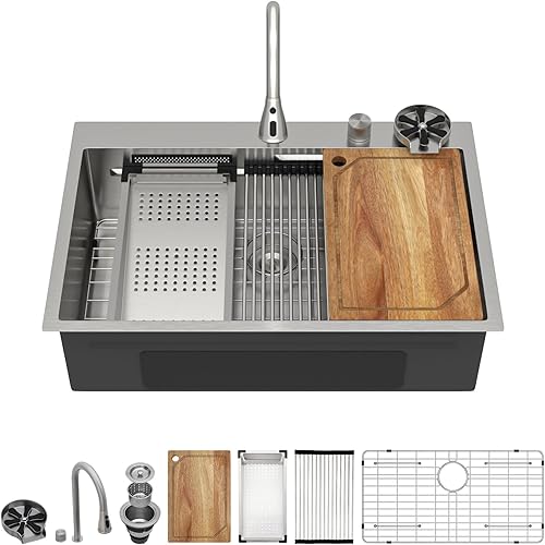 Fregadero de cocina en cascada de 33 pulgadas Fregadero de cocina inteligente de 33 x 22 pulgadas, estación de trabajo, montaje superior, calibre