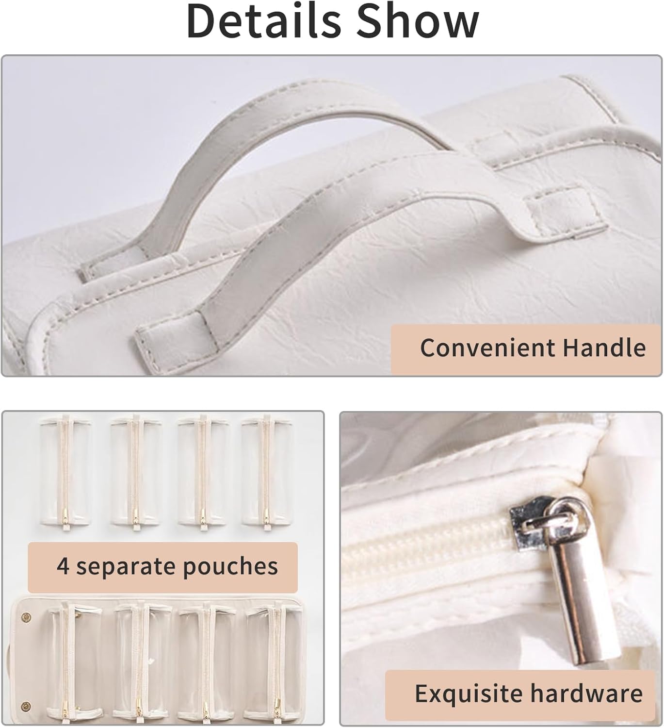 トラベルメイクアップバッグ 大容量 旅行用メイクアップバッグ 女性用 防水 旅行用トイレタリーバッグ 取り外し可能 4イン1, ホワ