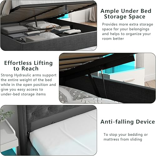 Miniatura 38 de Loomie Base de cama King con estación de carga y luces LED, cama tapizada con cabecera de almacenamiento copetuda con botones, almacenamiento Gris