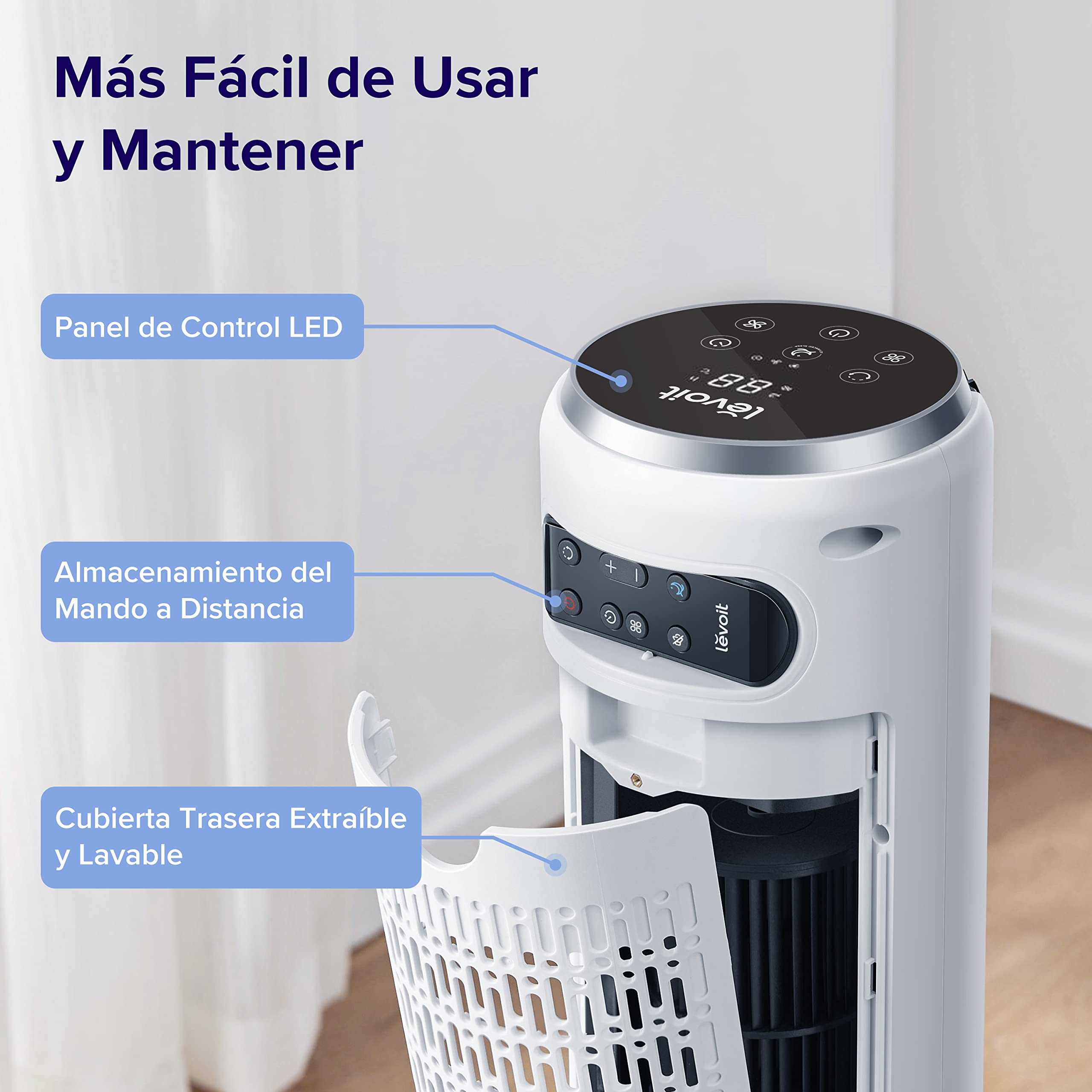LEVOIT Ventilador de Torre con Mando a Distancia, Ventilador Silencioso 28dB y 39W, Oscilación 90° con 7m/s, 4 Modos 5 Velocidades, Temporizador 12 Horas, Fácil de Montar para Dormitorio