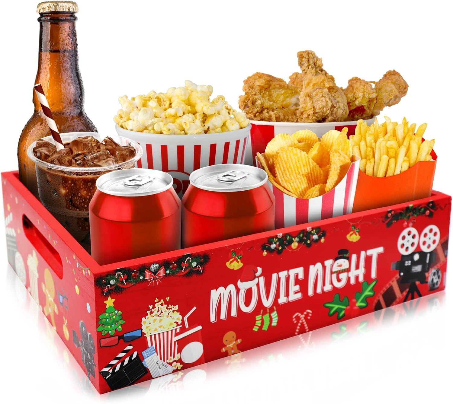Yamahiko Movie Snack Tray with Handles - Wooden Theater-Style Tray for Countertop Storage - Party Box Basket