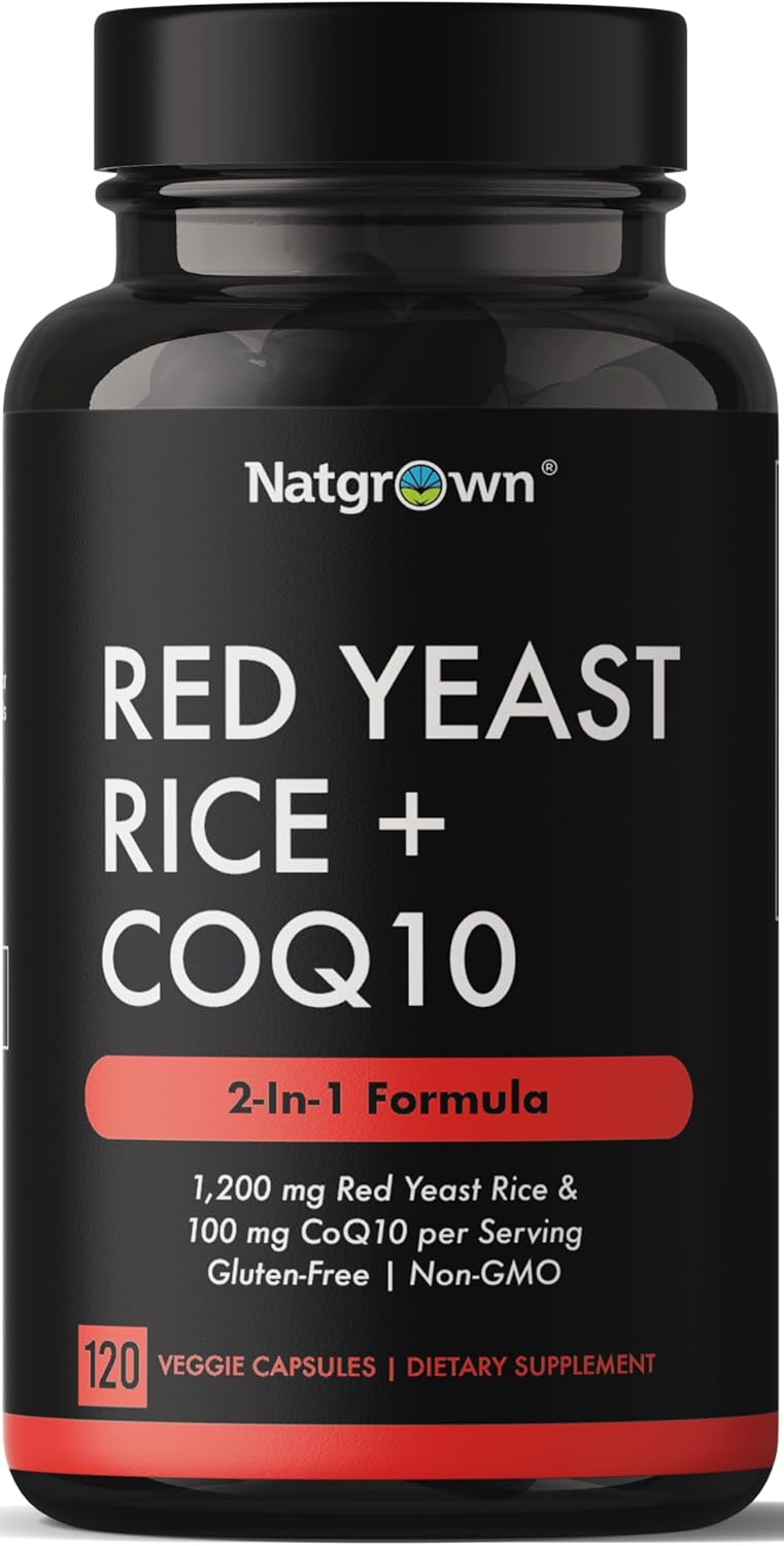 Natgrown Red Yeast Rice 1200 mg with CoQ10 100 mg - Supports Healthy Cholesterol Levels & Heart Health Support - Herbal Supplement for Men & Women - Vegan, Non-GMO - 120 Capsules