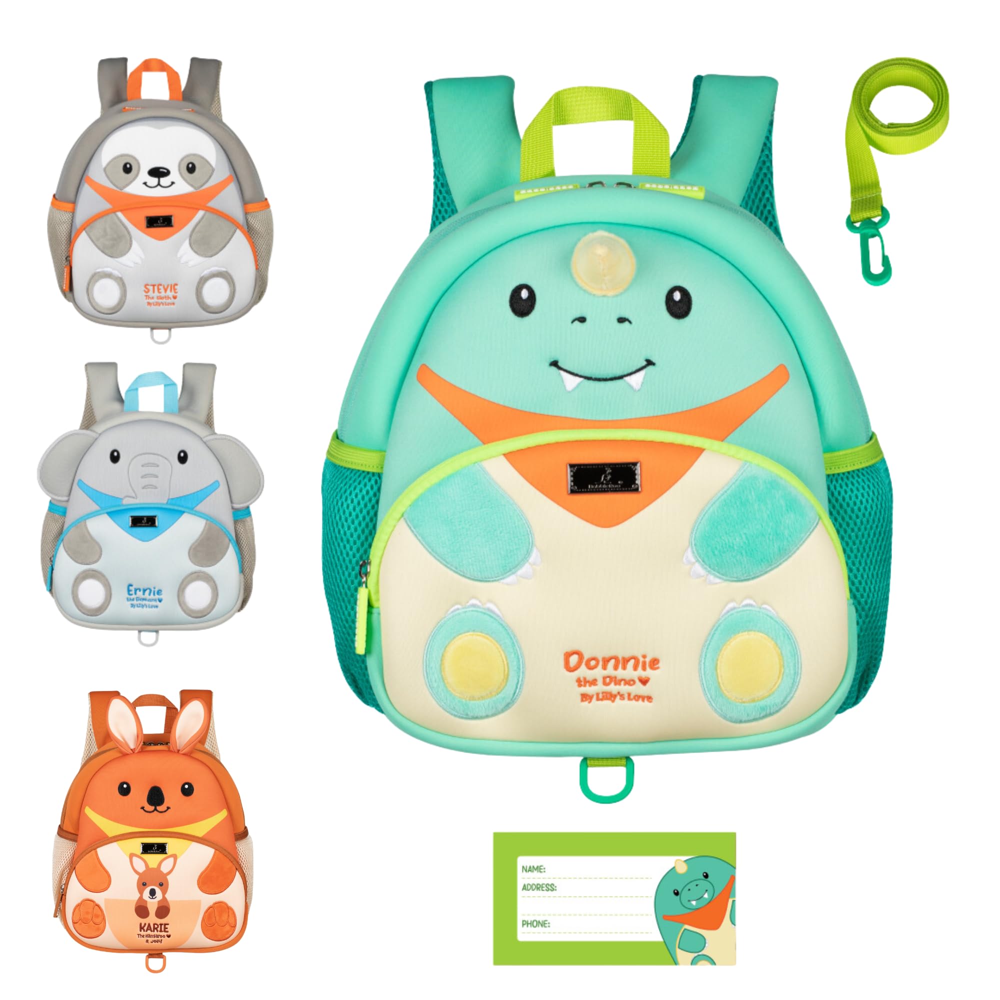 BabbleRoo Toddler Backpack, Kids Backpack - Light & Comfortable, Water Resistant Neoprene, Leash for Toddlers 1-3, Reflective Strips for Visibility, Animal Backpack, Donnie the Dino