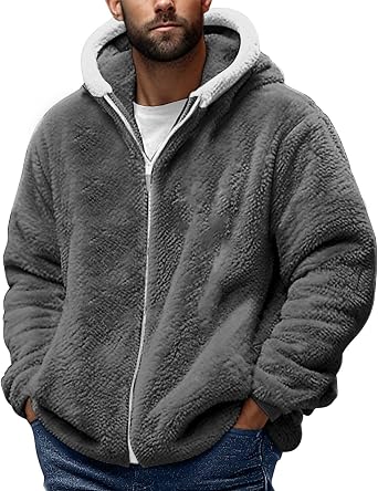 Sherpa Jacket Men Fuzzy Fleece Zip Up Hoodie Fluffy Big and Tall Hooded Jacket Loose Comfy Warm Winter Coats Outwear
