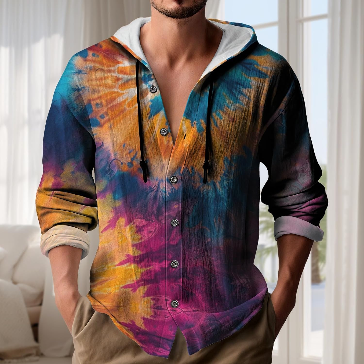 MARSVOVO Mens Sweatshirts Summer Long Sleeve Drawstring Button Up Shirts with Hood Loose fit Beach 2025 Hawaiian Hoodies - Image 2