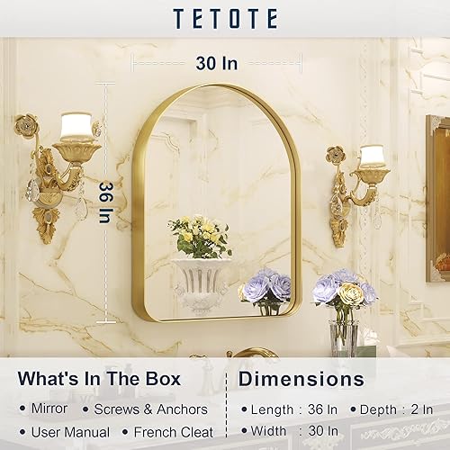 Miniatura 6 de TETOTE Espejo arqueado dorado para baño, espejo de tocador montado en la pared de 30 x 36 pulgadas, espejos de granja con marco de metal de latón