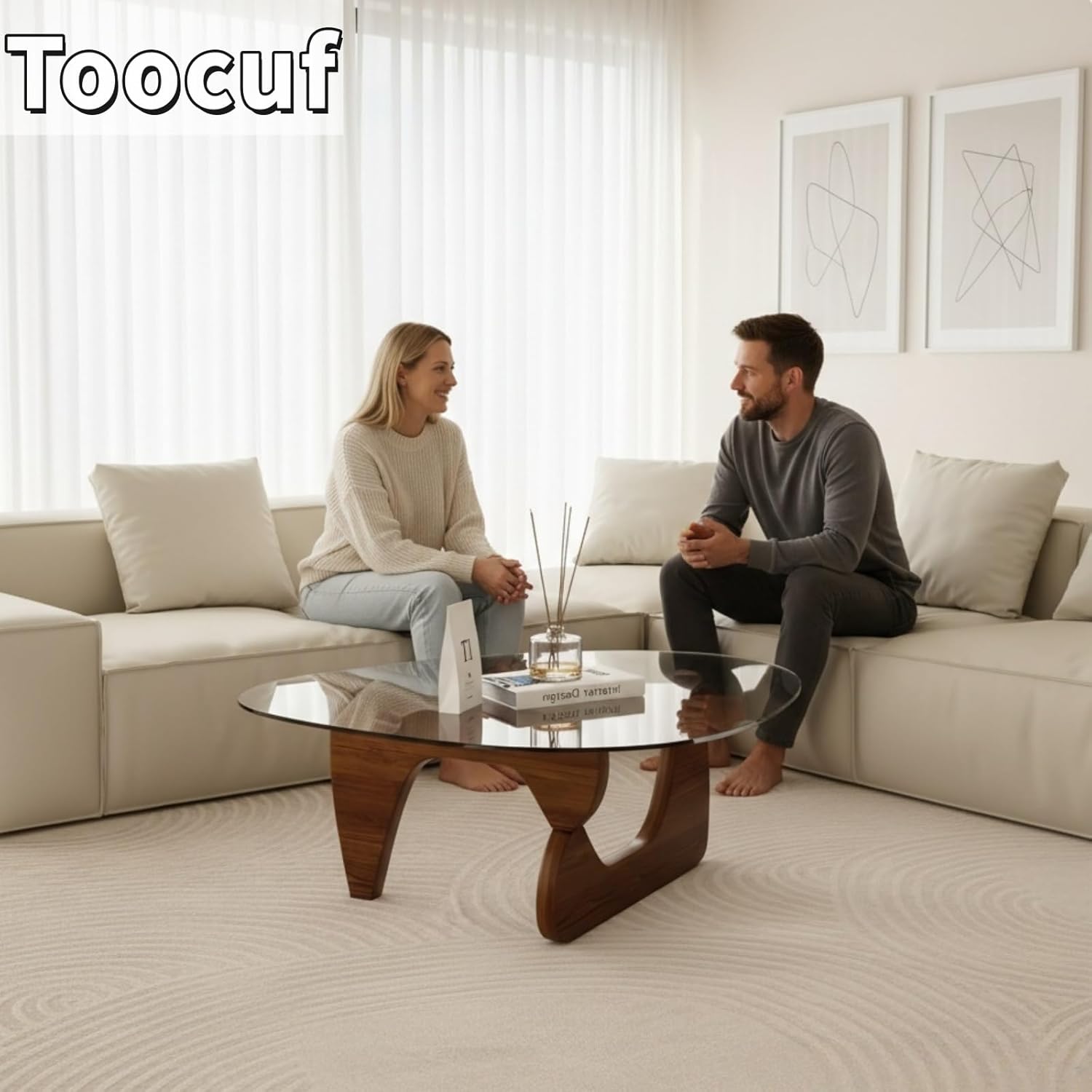 Modern Glass Coffee Table for Living Room, Small mid Century Coffee Table, Stylish Coffee Tables Suitable for Bedroom Living Room Reception Office Tables (Walnut, Small)