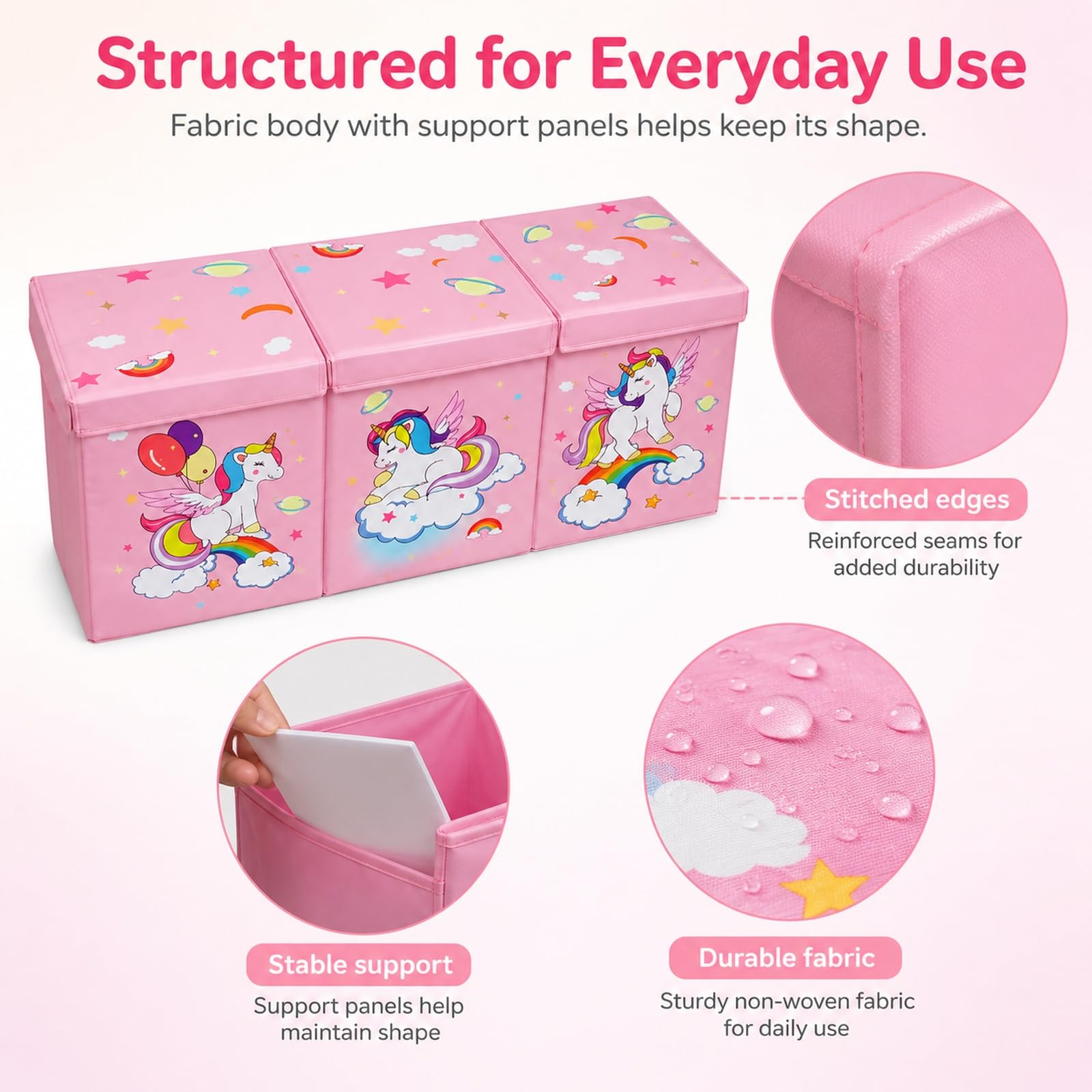 GOOGO Contenitore per giocattoli con coperchio, grande scatola pieghevole per cameretta, box porta giochi per libri, peluche e vestiti, 98 x 34 x 40 cm (rosa)