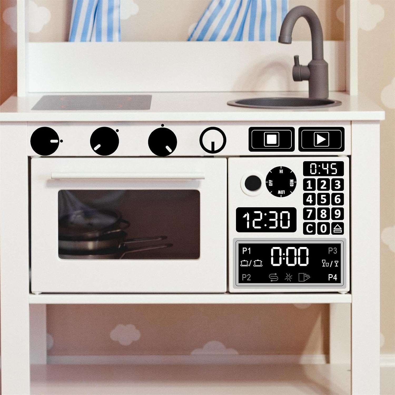 Play Kitchen Decals Stove Cooker Microwave Oven Stickers Vinyl Toy Stove Sticker DIY Replacement Kitchen Stickers Toy Stoves Gas Burner Sticker Waterproof Kids Toddler Playroom Decals