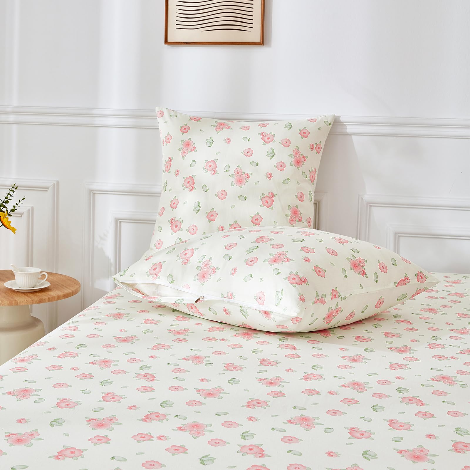 Biancheria da letto con fiori, 220 x 240 cm, in cotone rosa, motivo floreale, morbida, traspirante, 3 pezzi, per ragazze con chiusura lampo e 2 federe da 80 x 80 cm