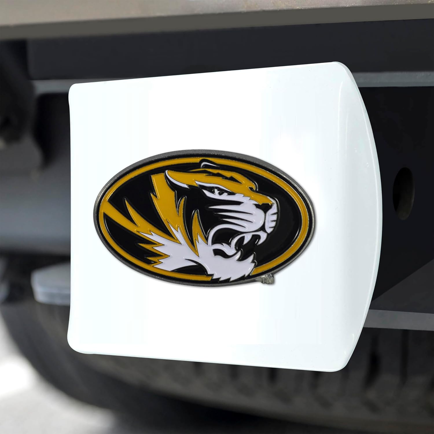 FANMATS 43606 University of Missouri Color Hitch Cover - White with Metal Chrome 3D Logo Emblem – Easy Installation on Truck, SUV, Car - Ideal Gift for Die Hard NCAA Fan