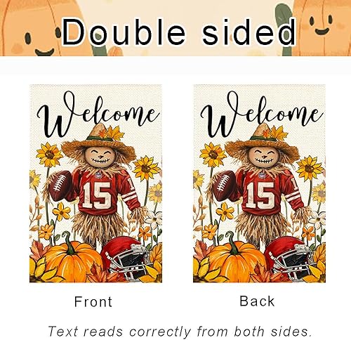 Miniatura 7 de Bandera de jardín de espantapájaros de otoño de 12 x 18 pulgadas, doble cara exterior, Acción de Gracias, fútbol, bienvenida, otoño, calabaza,