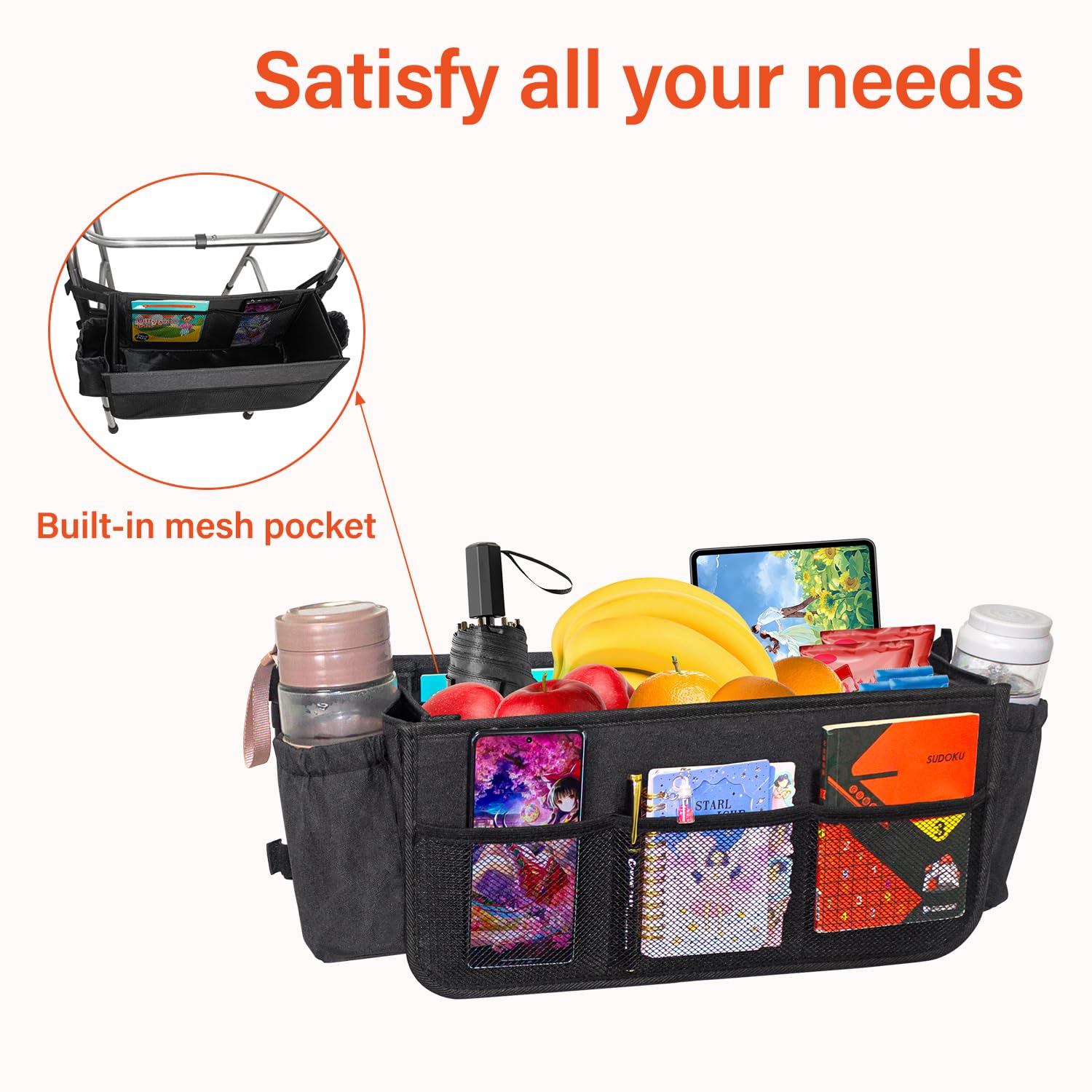 Bolsa grande para andador con 2 portavasos, cesta para caminar, bolsa de marco para caminar, accesorio plegable para andador, cesta de almacenamiento manos libres, bolsa de accesorios para ayuda de